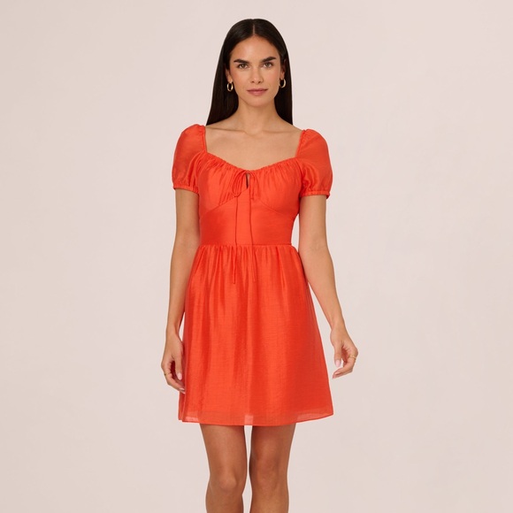 NWT Adrianna Papell Shirred Fit & Flare Dress With Puff Short Sleeves Orange 18 - Picture 1 of 12